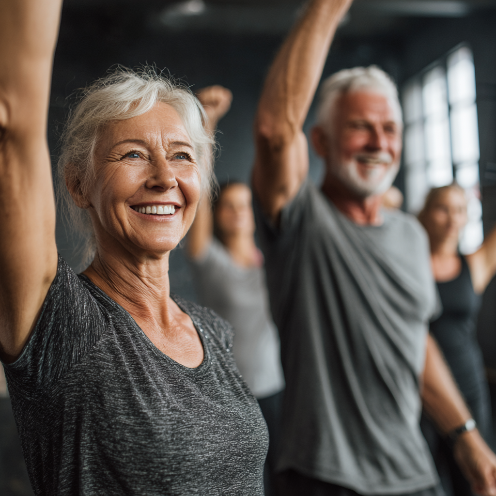 Mature adults celebrating fitness achievements in group workout