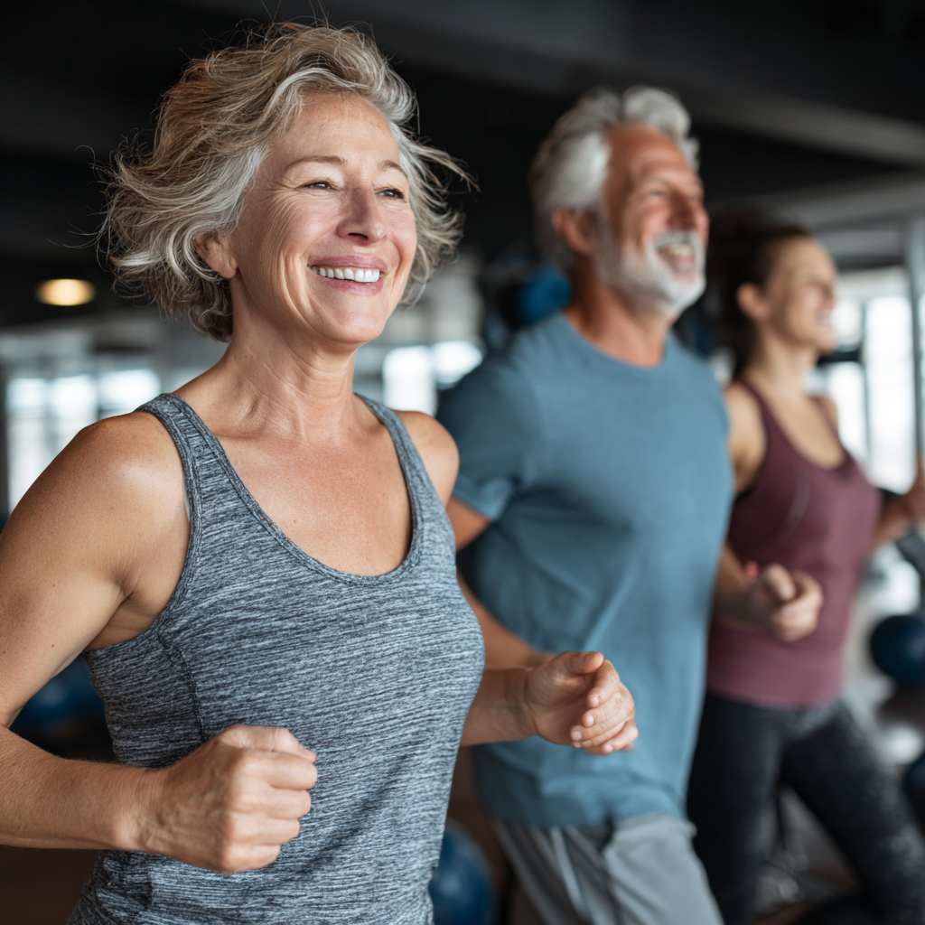 Middle-aged adults exercising together in modern fitness studio